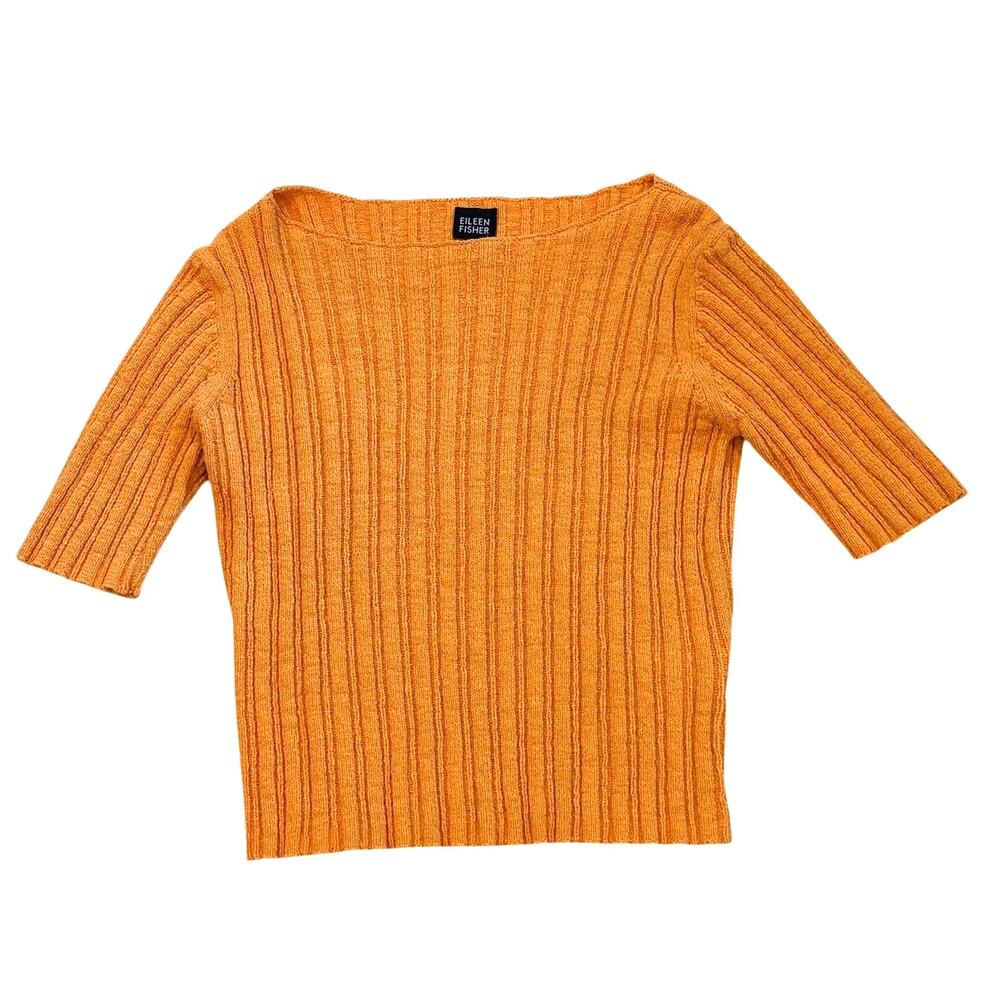 Eileen Fisher Fall Sweater Womens Size Small Orange Knit Short Sleeve Classic